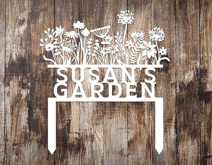 Personalized Flowers Garden Sign with Stakes, Custom Flowers Metal Garden Decor, Sign for Flower Beds, Metal Yard Art, Gift for Grandmother, Gift for Mom, Patio Garden Decorations, Housewarming Gift