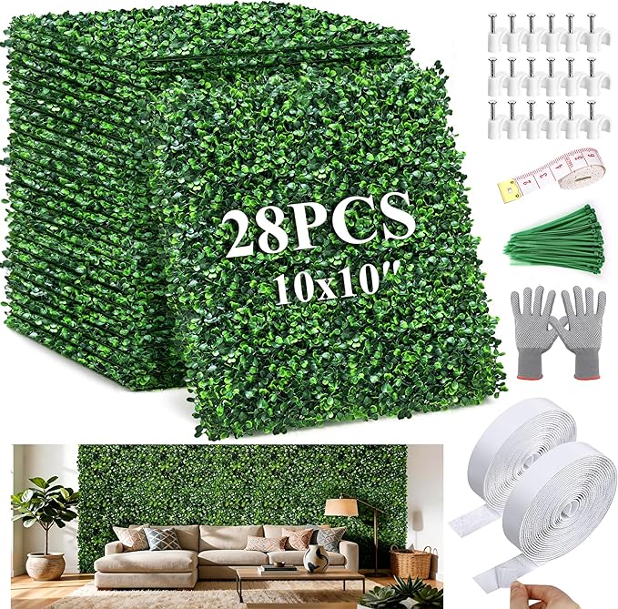 28Pcs Artificial Grass Wall Panels 10" x 10" Faux Boxwood Green Wall UV Resistant Privacy Screen 19.44 Sq Ft with Full Installation Kit for Indoor Outdoor Garden Fence Party Decor