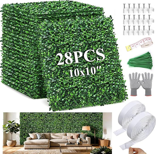 28Pcs Artificial Grass Wall Panels 10" x 10" Faux Boxwood Green Wall UV Resistant Privacy Screen 19.44 Sq Ft with Full Installation Kit for Indoor Outdoor Garden Fence Party Decor