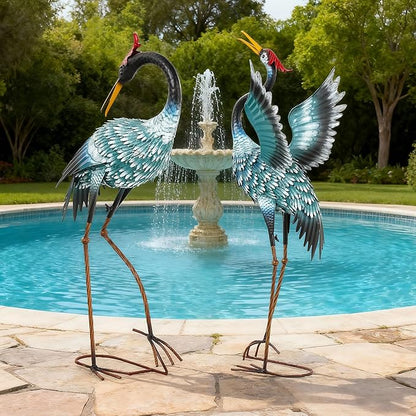 Extra-Large Crane Statue, 36.8" Handcrafted Metal Blue Heron Decor Sculptures with Stable U-Ground Stakes, Backyard Decoration, Metal Garden Bird Animal Yard Art, Lawn Ornament Decor