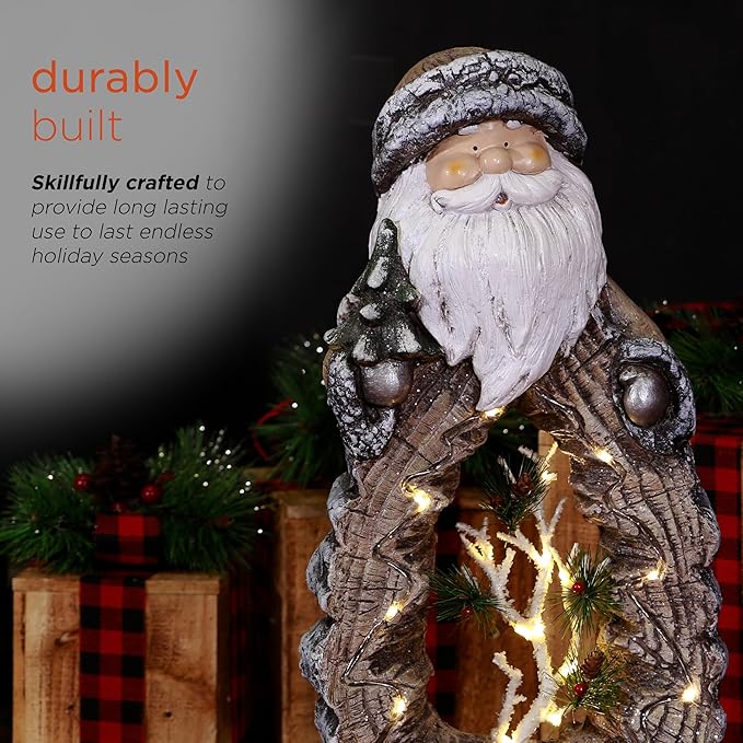 Alpine Corporation 21" Tall Santa Christmas Statue with Carved Wood Look and 16 Warm LED Lights, Timer Function, Indoor/Outdoor Holiday Decoration for Porch or Entryway