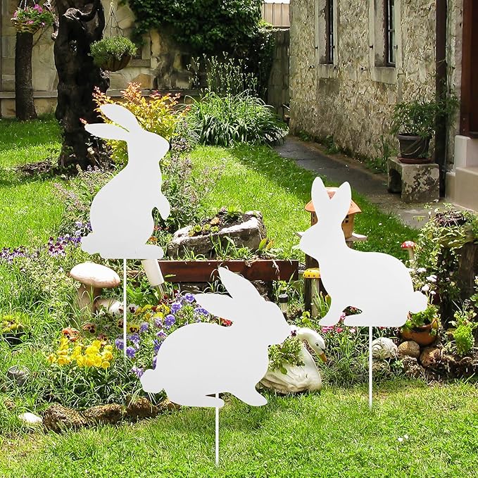 MorningRo 3 Pcs Large Easter Bunny Yard Signs Metal Rabbit Garden Stakes Easter Bunny Lawn Decorations Outdoor White Decorative Yard Decoration with Stake for Holiday Decor
