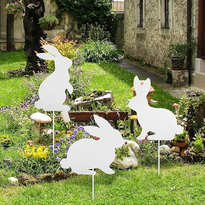 MorningRo 3 Pcs Large Easter Bunny Yard Signs Metal Rabbit Garden Stakes Easter Bunny Lawn Decorations Outdoor White Decorative Yard Decoration with Stake for Holiday Decor