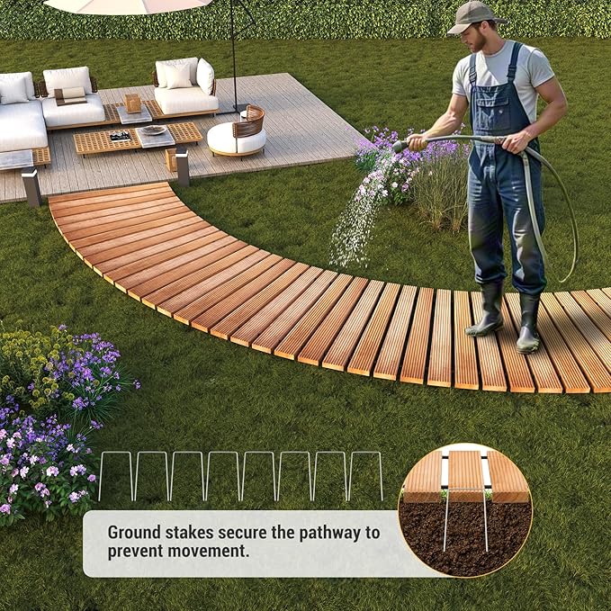6FT Curved Wooden Garden Pathway Walkway Outdoor Roll Out Decorative Garden Non-Slip Patio Path Decorative Boardwalk Outdoor Road Floor for Backyard Beach Wedding Party