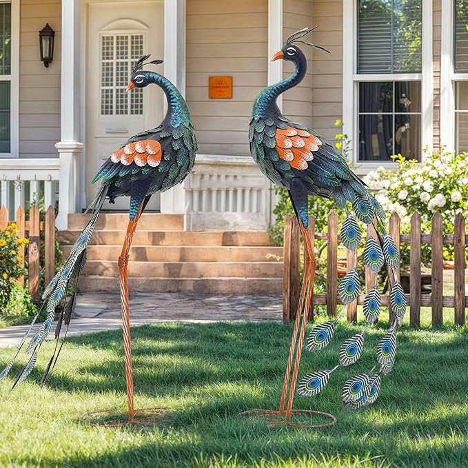 36" Oversized Peacock Decor Set of 2, Hand-Painted Metal Yard Art, Weatherproof Outdoor Garden Statues & Sculptures for Lawn, Flower Beds, Patio, Backyard or Indoor Kitchen & Home Decor