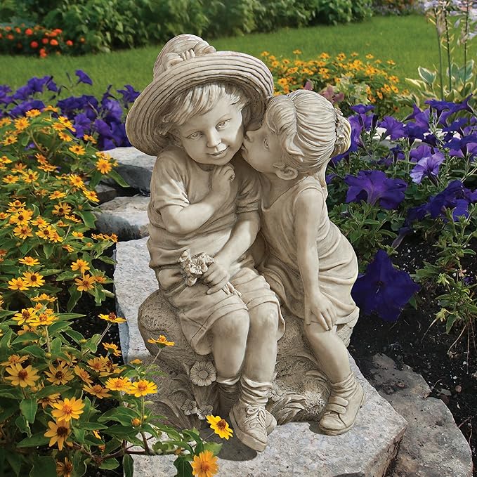 Design Toscano Boy and Girl Garden Decor Statue ,14 Inch, Polyresin, Antique Stone