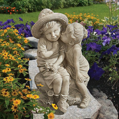 Design Toscano Boy and Girl Garden Decor Statue ,14 Inch, Polyresin, Antique Stone