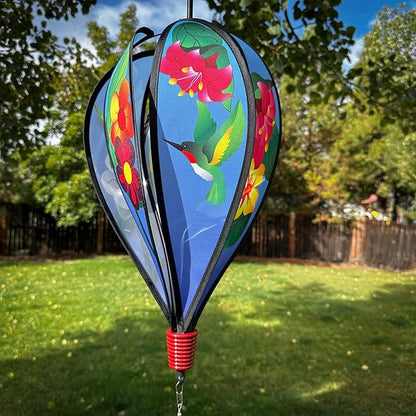 In the Breeze Hummingbird Flowers 6-Panel Kinetic Hot Air Balloon Wind Spinner,11" W x 17" H, 26" Tail,1047