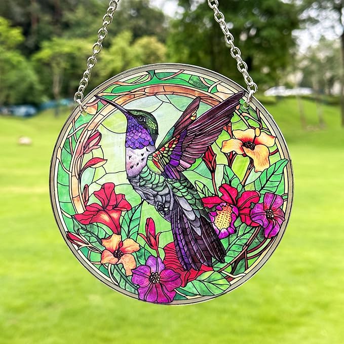 Hummingbird Stained Glass Decor for Women, Bird Lovers Suncatcher. Green Birds Art Walldecor.