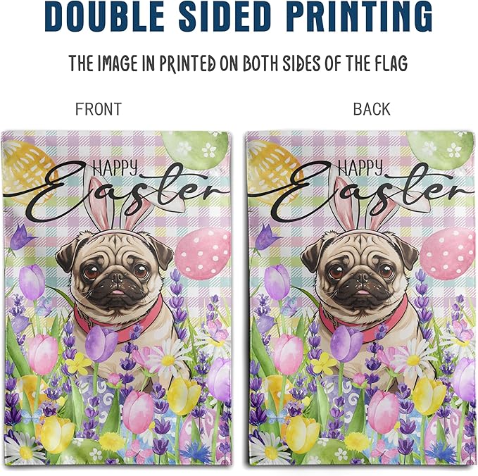 Happy Easter Dog Garden Flag Pug Spring Flags Buffalo Plaid Bunny Eggs Yard Flag for Outside 12x18 Double Sided Small Decorative Floral Outdoor Flag