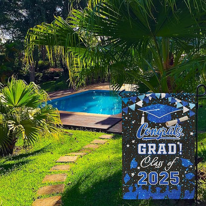 PAMBO Graduation Garden Flag Class of 2025, Blue Congrats Grade Flag for Outside Hanging Decors 12x18 Inch Burlap