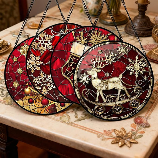 DASTOLL Stained Glass Window Hanging 4 Pcs Set Red Christmas Elk Snowflakes 6.3" - Deer Suncatcher Door Garden Sun Catcher Decor Birthday for Mom Woman Nana Men Friend