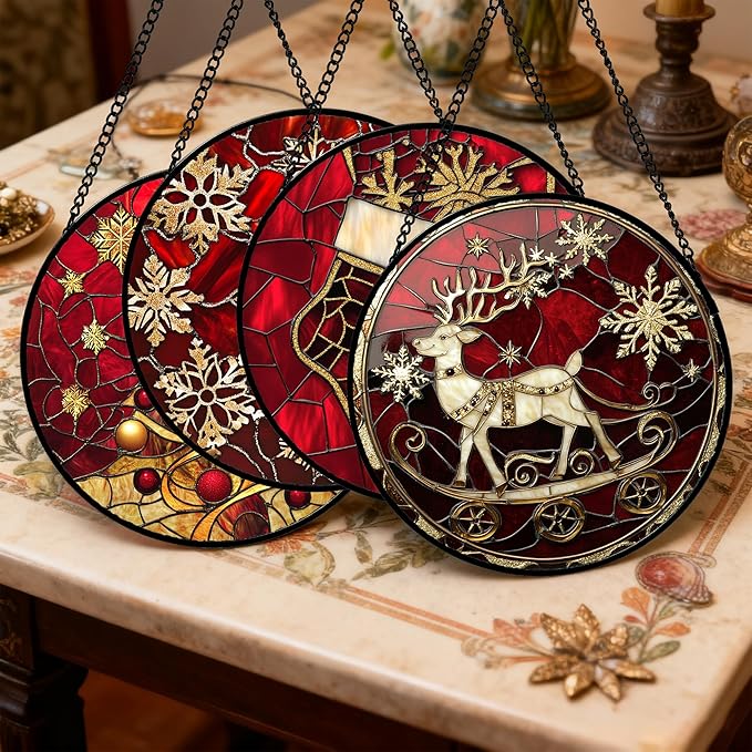 DASTOLL Stained Glass Window Hanging 4 Pcs Set Red Christmas Elk Snowflakes Large 15" - Deer Suncatcher Door Garden Sun Catcher Decor Birthday for Mom Woman Nana Men Friend