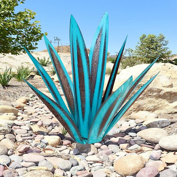 Juesi Metal Yard Art - Metal Agave Plants for Outdoors, Garden Sculpture Metal Arts for Yard Lawn Patio (10.6" X 2.5", Sky Blue)