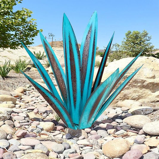 Juesi Metal Yard Art - Metal Agave Plants for Outdoors, Garden Sculpture Metal Arts for Yard Lawn Patio (10.6" X 2.5", Sky Blue)