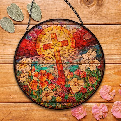 Flower Cross Suncatcher Stained Glass Window Hanging, Christian Wildflower Sunset Landscape Sun Catchers Indoor Window Glass Round Wall Decor, Religious Wall Art Hanging Decorations, ＂7.8x7.8＂