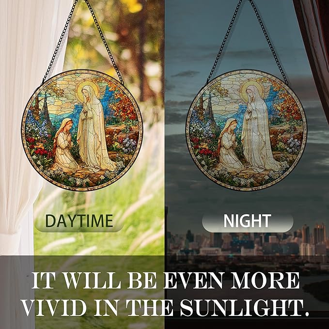 Virgin Mary Religious Suncatcher Garden Stained Glass Window Hanging, Our Lady of Grace Sun Catchers Indoor Window Glass Round Wall Decor, Religious Wall Art Hanging Decorations, ＂7.8x7.8＂