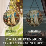 Virgin Mary Religious Suncatcher Garden Stained Glass Window Hanging, Our Lady of Grace Sun Catchers Indoor Window Glass Round Wall Decor, Religious Wall Art Hanging Decorations, ＂7.8x7.8＂