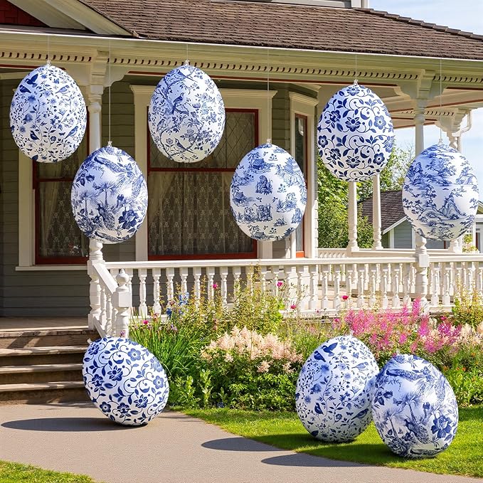 Realspring 12 Pcs 12 Inch Inflatable Blue and White Easter Eggs Decorations Chinoiserie Porcelain Easter Inflatables Outdoor Decor Spring Large Blow up Hanging Egg Ornaments for Holiday Party Supplies