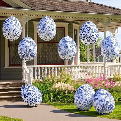 Realspring 12 Pcs 12 Inch Inflatable Blue and White Easter Eggs Decorations Chinoiserie Porcelain Easter Inflatables Outdoor Decor Spring Large Blow up Hanging Egg Ornaments for Holiday Party Supplies