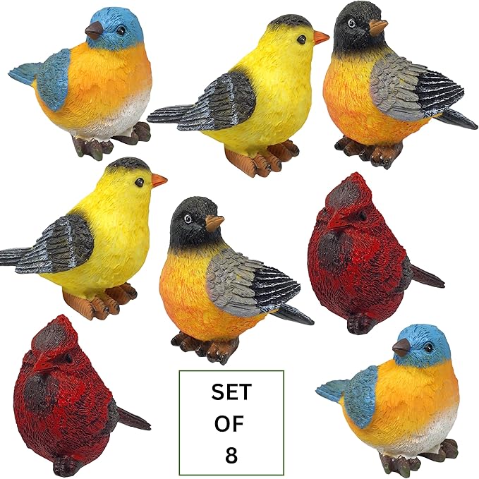 BANBERRY DESIGNS Songbirds Decorating Figurines - Set of 8-2 Each of Cardinal, Bluebird, Robin, & Goldfinch - Decorative Birds for Home and Floral Décor - 3.75" X 3"