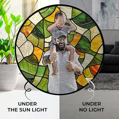 Personalized Dad Stained Glass Suncatcher, Photo Family Portrait Faux Window Hanging Ornament, Custom Photo Gift for Dad from Son Daughter, Grandpa Gifts