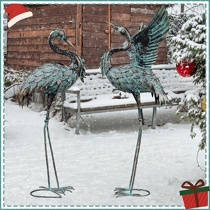 Garden Statues Large Metal Crane Sculptures, Outdoor Heron Metal Statue Yard Art for Garden Decor, Realistic Bird Art for Outdoor Decor, Standing Lifelike, Water&Rust-Proof, Set of 2 Bronze
