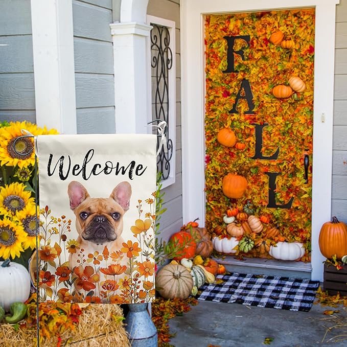 French Bulldog Fall Garden Flag Autumn Dog Yard Sign Orange Floral Thanksgiving Outdoor Banners for Outside 12x18 Double Sided Small Wild Flower Lawn Decorations