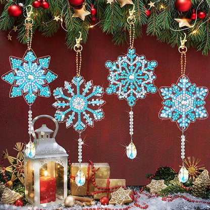 4 Pcs 5D 9.7x3 inch Christmas Diamond Painting Kits DIY Point Drill Diamond Painting Wind Crystal Wind Chimes Double Snowflake Ornaments with Crystal Pendant for Home Garden Hanging Decor(Blue, White)