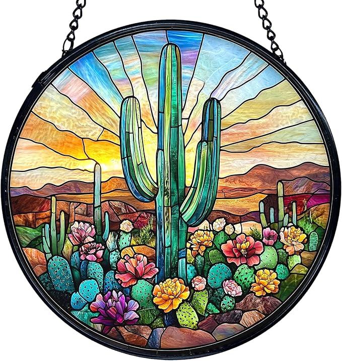 TNUW Western Cactus Stained Glass Window Hanging, Southwestern Desert Cactus Landscape Sun Catchers Indoor Window Glass Round Wall Art Decor, Western Wall Hanging Decorations, 7.9＂x7.9＂Suncatchers