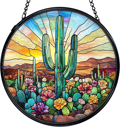 TNUW Western Cactus Stained Glass Window Hanging, Southwestern Desert Cactus Landscape Sun Catchers Indoor Window Glass Round Wall Art Decor, Western Wall Hanging Decorations, 7.9＂x7.9＂Suncatchers