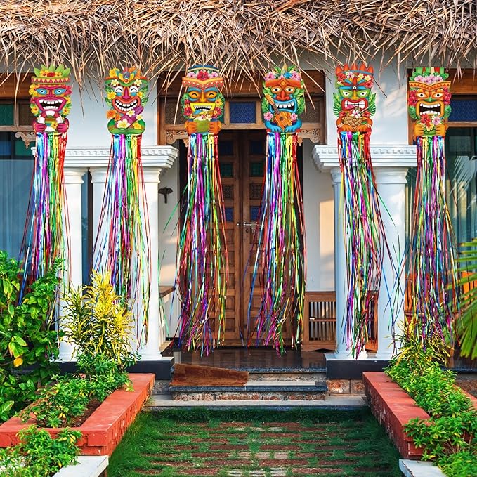 Affrolling 8 Pcs Hawaiian Luau Party Decoration Tiki Totem Hanging Decorations with Tassels for Aloha Hawaii Luau Tropical Birthday Party Supplies 3.3 ft Outdoor Summer Tiki Door Banner Sign Decor