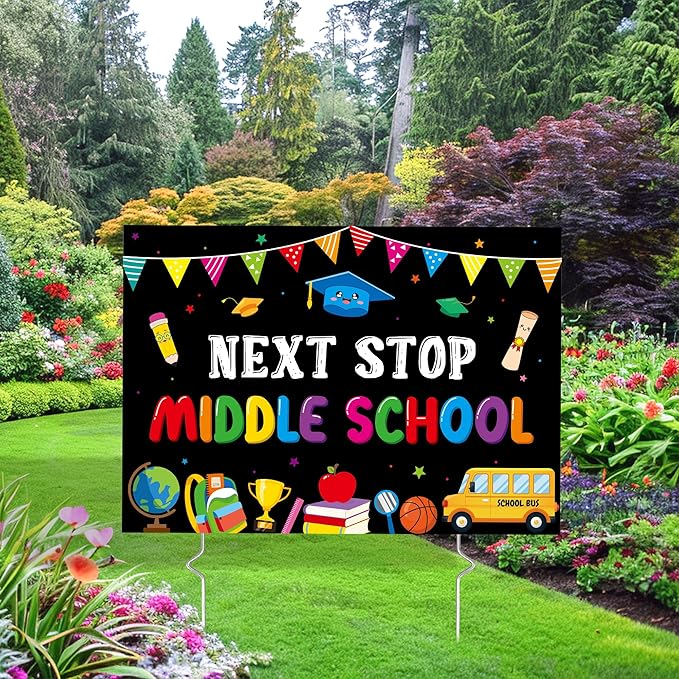 5th Grade Grad Yard Sign - Class of 2026 Elementary Graduate Lawn Sign with Stake Next Stop Middle School Congrats Graduation Waterproof Party Decorations Favors for Outdoor Garden Photo Booth Props
