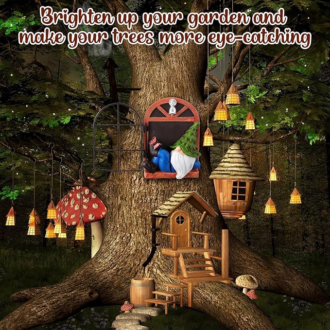 Thyle 4 Pieces Garden Gnomes Outdoor Tree Hugger Gnome Fairy Statue Elf Out the Door Resin Figurine Hanging Ladder Decoration Tree Faces Decor Outdoor for Patio Yard Lawn (Woodland Style)