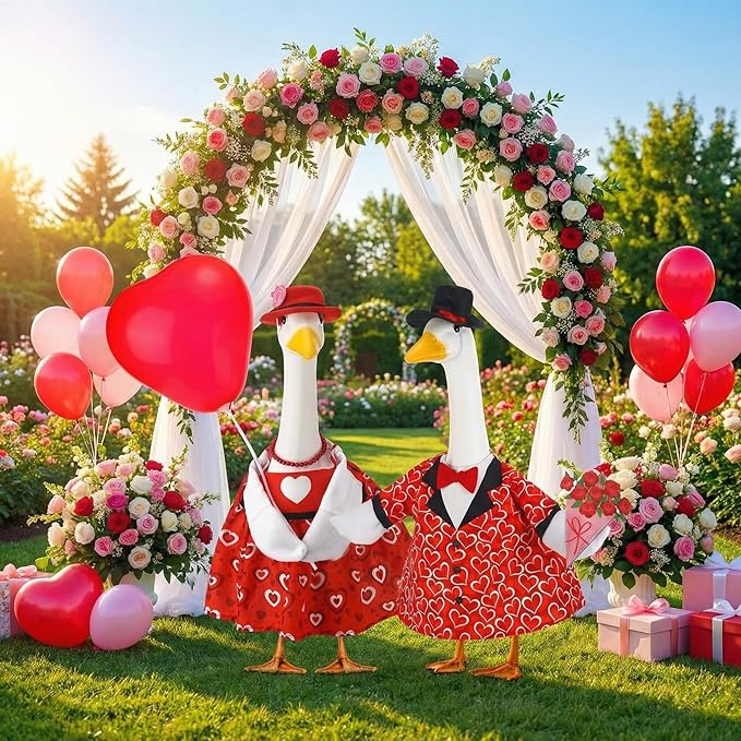 Abbylike 2 Sets Wedding Porch Goose Outfits Red Heart Porch Yard Goose Outfits Clothes Costume Fits Large 23'' Cement for Valentine's Day Garden Yard Statue Pathway Decorations