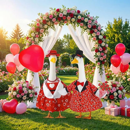 Abbylike 2 Sets Wedding Porch Goose Outfits Red Heart Porch Yard Goose Outfits Clothes Costume Fits Large 23'' Cement for Valentine's Day Garden Yard Statue Pathway Decorations