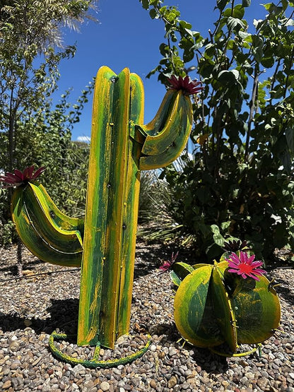 Colorful Metal Saguaro Cactus with Flowers - Handmade Garden Decor (Multicolor)