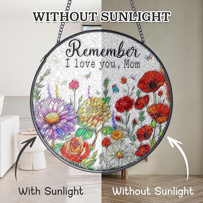 Gifts for Mom - Stained Glass Window Hanging Sun Catchers Indoor 6.3 Inch Colorful Wildflowers Mama Birthday Gift, Flower Suncatcher for Window Home Door Wall Garden Outdoor Decor for Mothers