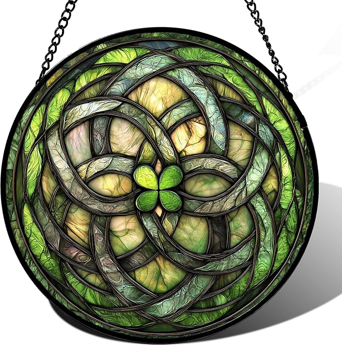 DASTOLL Stained Glass Window Hanging, Abstract Green Clover Sun Catchers Colorful Glass Panel Bless Suncatcher Decor for Birthday for Women, Men, Wife, Aunt, and Mom 14.9x14.9 in