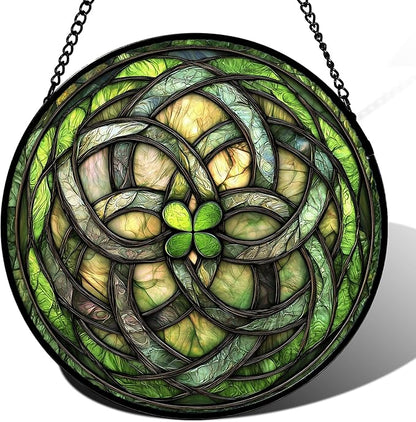 DASTOLL Stained Glass Window Hanging, Abstract Green Clover Sun Catchers Colorful Glass Panel Bless Suncatcher Decor for Birthday for Women, Men, Wife, Aunt, and Mom 14.9x14.9 in