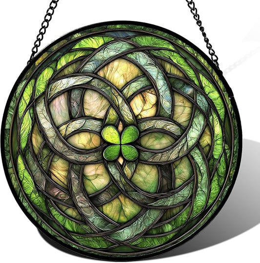 DASTOLL Stained Glass Window Hanging, Abstract Green Clover Sun Catchers Colorful Glass Panel Bless Suncatcher Decor for Birthday for Women, Men, Wife, Aunt, and Mom 14.9x14.9 in