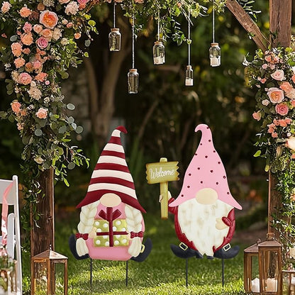 TERESA'S COLLECTIONS Valentines Decorations Outdoor for Home, 2Pcs Metal Gnomes Decor Garden Stakes, Valentine Yard Stakes Gifts for Her Him, Welcome Yard Signs for Outside Lawn Porch Patio, 25"
