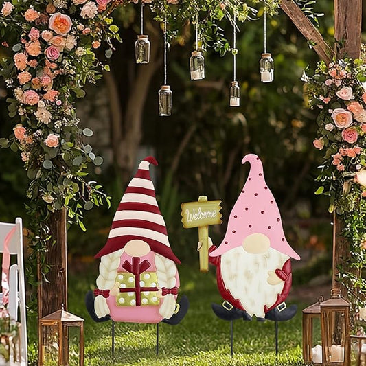 TERESA'S COLLECTIONS Valentines Decorations Outdoor for Home, 2Pcs Metal Gnomes Decor Garden Stakes, Valentine Yard Stakes Gifts for Her Him, Welcome Yard Signs for Outside Lawn Porch Patio, 25"