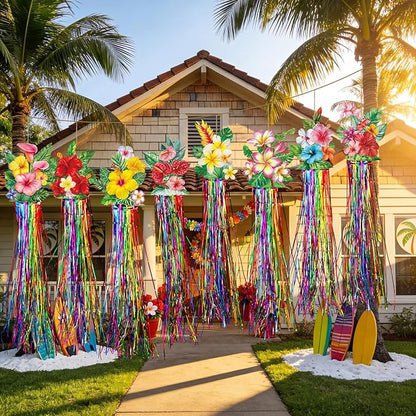 Affrolling 8 Pcs Hawaiian Luau Party Decoration Tropical Flower Hanging Decorations with Tassels for Hawaii Luau Tropical Floral Birthday Party Supplies 3.3 ft Outdoor Summer Door Banner Sign Decor