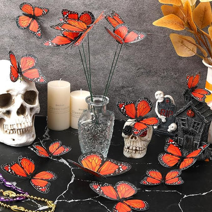 Augshy 75pcs 3D Monarch Butterfly Stakes Artificial Garden Monarch Butterfly Decorations for Day of The Dead Dia De Los Muertos Decor Halloween Party Supplies (3 Size)