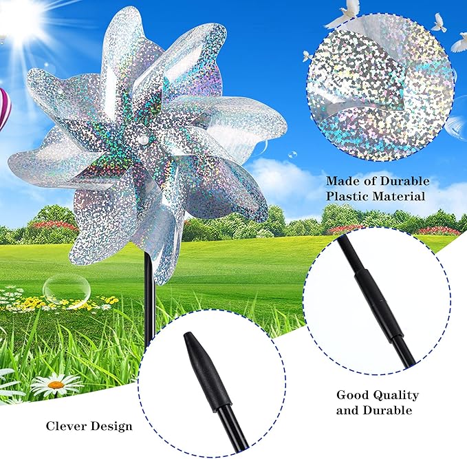 NOVWANG 6 PCS Reflective Pinwheels with Stakes, Extra Sparkly Pin Wheel for Garden Yard Decor, Bird and Animal Deterrent Device to Scare Birds Away from Patio Farm