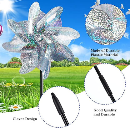 NOVWANG 6 PCS Reflective Pinwheels with Stakes, Extra Sparkly Pin Wheel for Garden Yard Decor, Bird and Animal Deterrent Device to Scare Birds Away from Patio Farm
