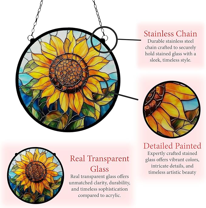 Sunflower Stained Glass Window Ornaments, Painted Suncatchers, Patio Decor, Outdoor Garden Decor, Balcony Decor, Home Decor, Glass Art, 7.8 inch