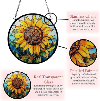 Sunflower Stained Glass Window Ornaments, Painted Suncatchers, Patio Decor, Outdoor Garden Decor, Balcony Decor, Home Decor, Glass Art, 7.8 inch
