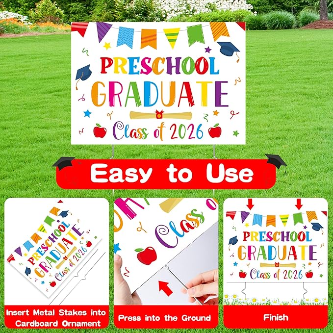 Preschool Grad Yard Sign - Class of 2026 Kindergarten Graduate Lawn Sign with Stake School Congrats Graduation Decorations Colorful Graduation Party Favors Supplies Outdoor Photo Booth Props for Kids